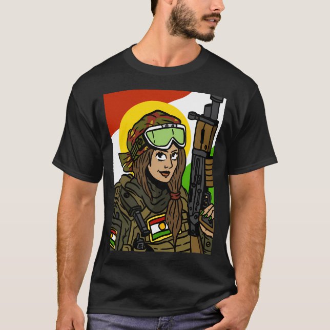 T-shirt Kurdish Pride Fière Soldat De Ypg Avec Le Drapeau  (Devant)