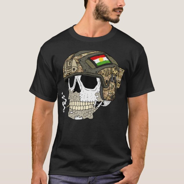 T-shirt Kurdistan Peshmerga. Crâne Brûlé Avec Casque. (Devant)