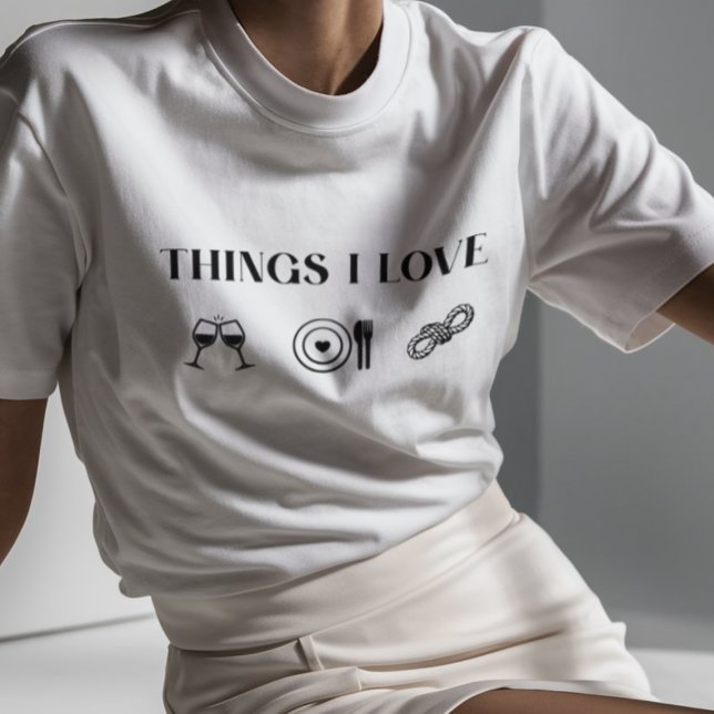 T-shirt La corde de Shibari Ce que j'aime (Things i love: wine, food and rope, shibari tee)