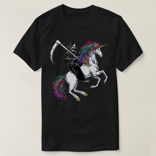 T-shirt La Faucheuse Grim chevauchant une licorne (Design devant)