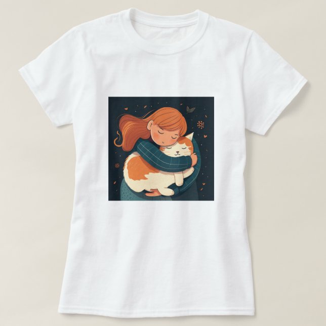 T-shirt La fille embrasse le dessin animé de chat mignon.  (Design devant)