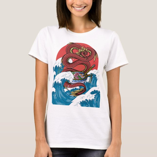 T-shirt La grande vague kanagawa Dragon rouge Ramen japona (Devant)