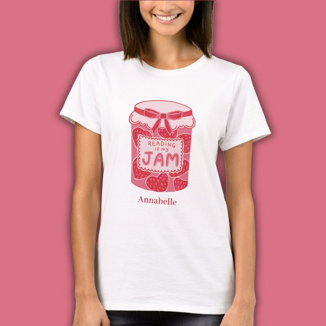 T-shirt La lecture est mon amoureux du livre de confiture (Custom t-shirt for book lovers with strawberry jam jar Reading is My Jam and personalized text)