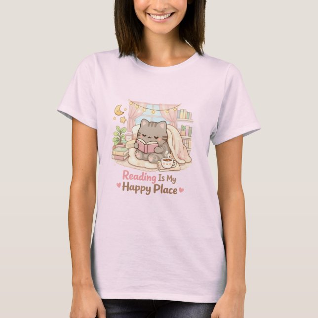 T-shirt La lecture est mon endroit heureux Mignon Kitty Ch (Devant)