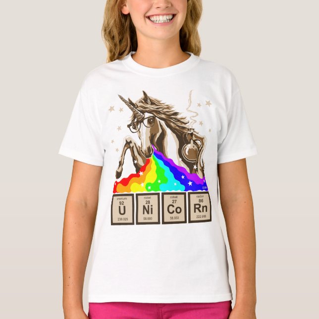 T-shirt La licorne de chimie vomit l'arc-en-ciel (Devant)