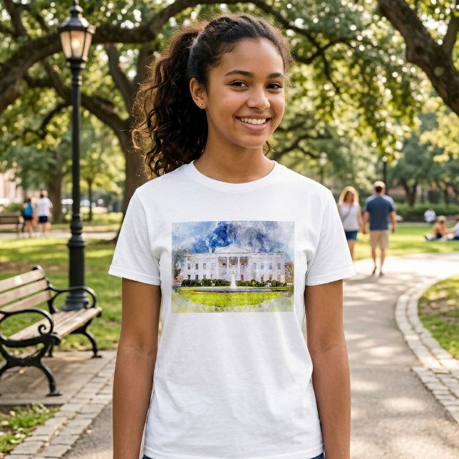 T-shirt La Maison Blanche à Washington DC Aquarelle (The White House in Washington DC Watercolor. Girl Basic White T-Shirt)