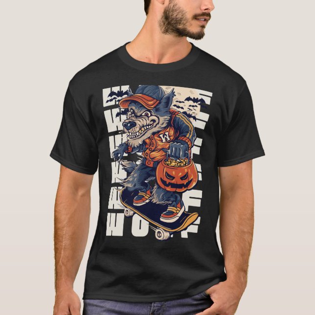 T-shirt La marine du beige noir illustre le loup-garou (Devant)