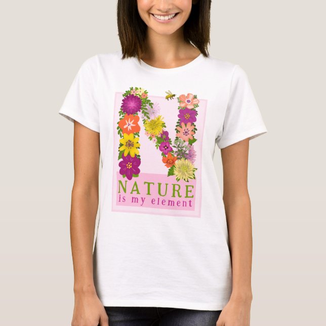 T-shirt La nature est mon Élément vert fleuri rose orange (Devant)