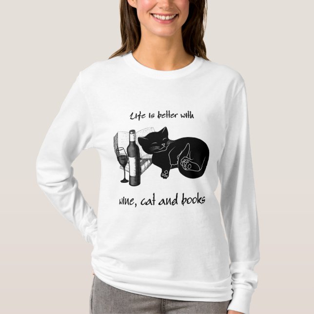 T-SHIRT LA VIE EST MEILLEURE AVEC CHAT DE VIN ET LIVRES (Devant)