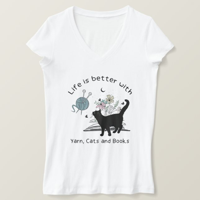 T-shirt La vie est meilleure avec les chats et les livres  (Design devant)