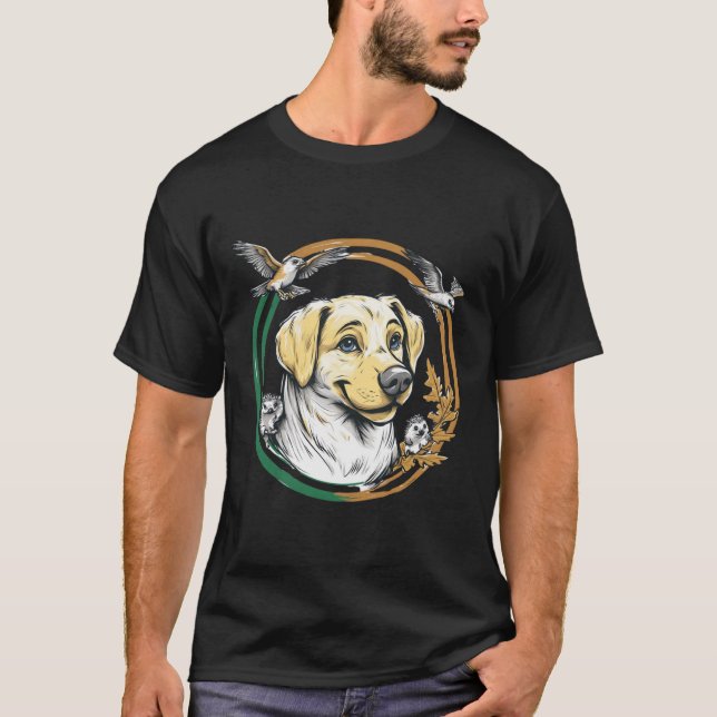 T-shirt Labrador jaune avec hérissons et oiseaux (Devant)