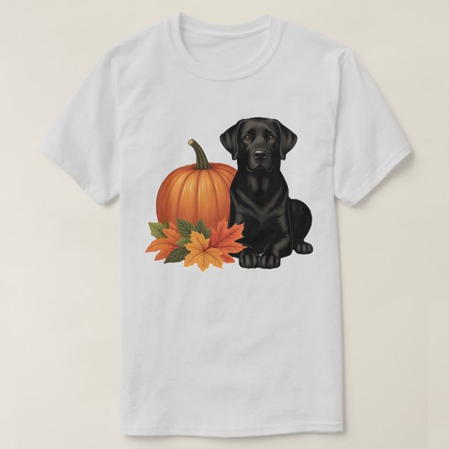 T-shirt Labrador Noir avec feuilles d'automne et Citrouill (Design devant)