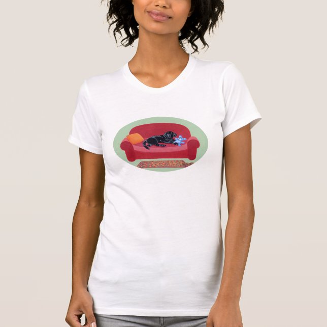T-shirt Labrador noir sur le divan rose (Devant)