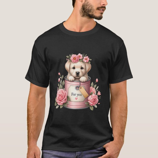 T-shirt Labrador Retriever Puppy Pink Flower Bucket Jaune (Devant)