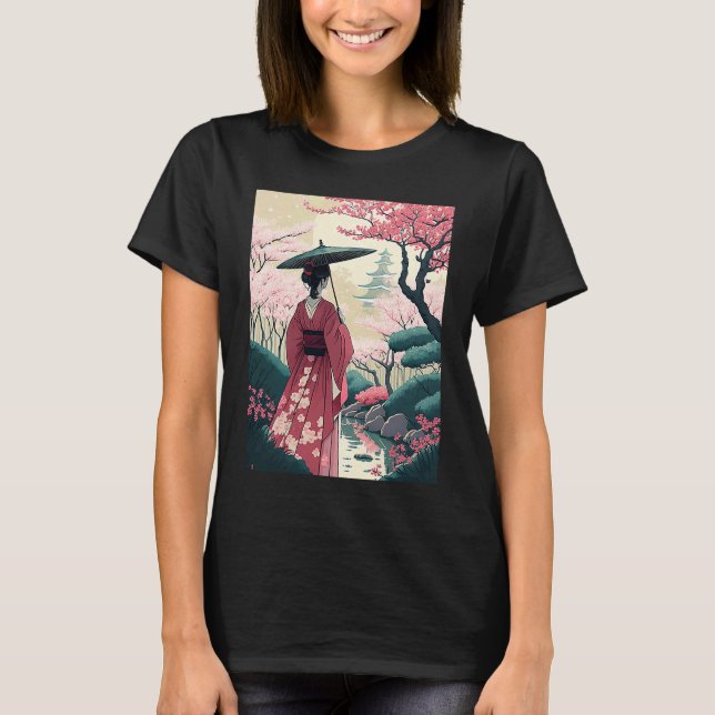 T-shirt Lady avec le parapluie cerisier Fleur Jardin Japon (Devant)