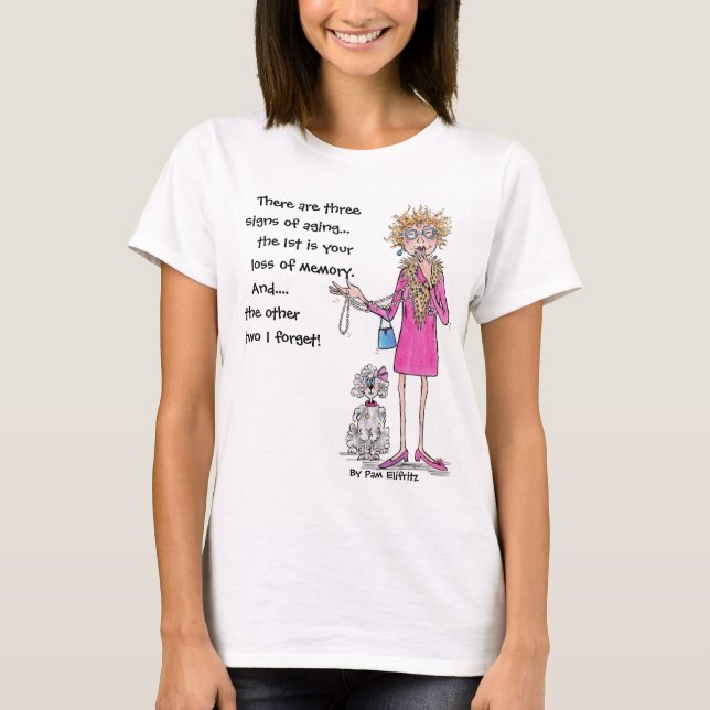 T-shirt Lady en rouge dessin texte vieillissant oublieux (Devant)