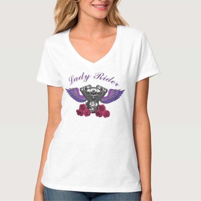 T-shirt Lady Rider Motocyclette Roses des ailes (Devant)