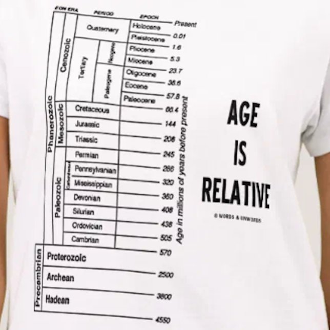T-shirt L'âge est relatif (l'humour de temps géologique) (Geological time attitude tee featuring eons, epochs, periods & scientific advice "Age Is Relative")