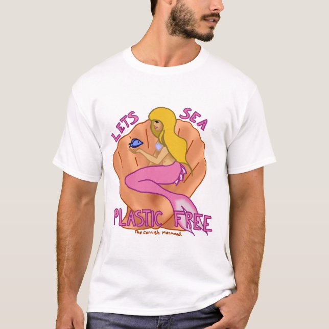T-shirt Laisse le plastique de mer libre ! Sirène rose (Devant)