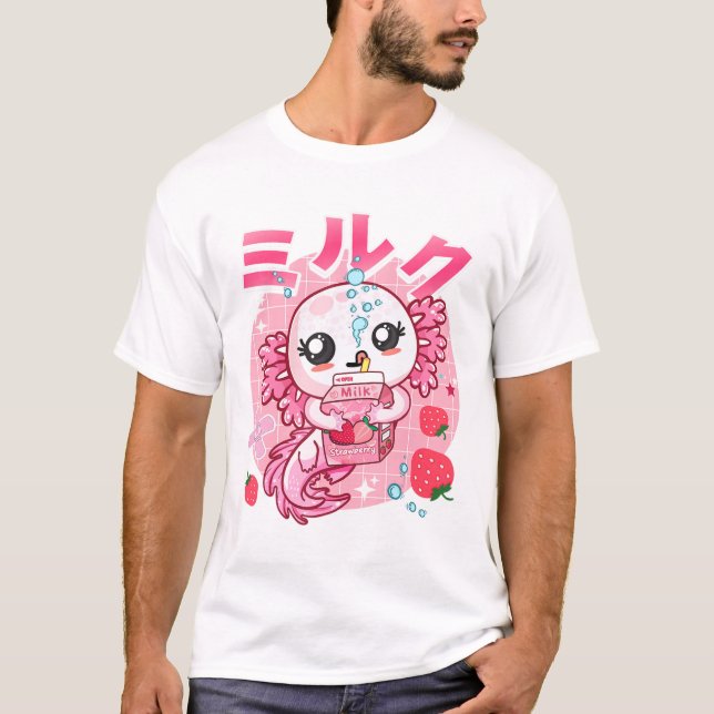 T-shirt Lait de fraise Kawaii Axolotl Shake Carton Japane (Devant)