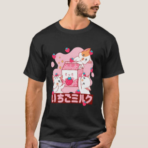 T-shirt Lait de fraise rose Chat japonais Kawaii
