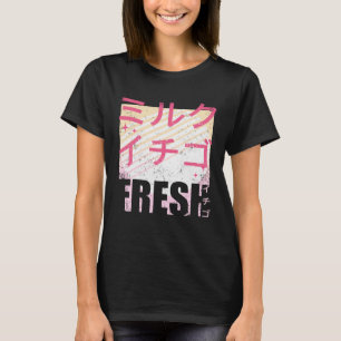 T-shirt Lait Frais de Fraise Texte Japonais Rétro 90s