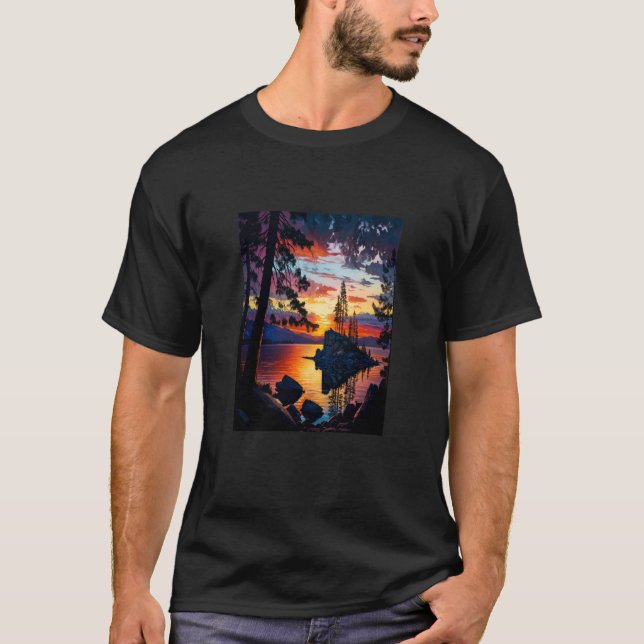 T-shirt Lake Fishing Adventure Lake Tahoe Landscape Painti (Devant)