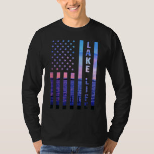 T-shirt Lake Life American Flag Dock Sunset Wakeboard Po