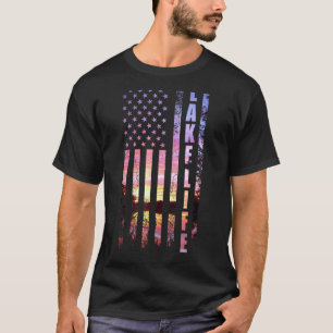 T-shirt Lake Life American Flag Dock Sunset Wakeboard Po