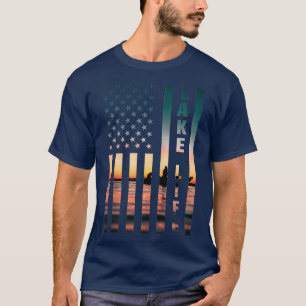 T-shirt Lake Life Fishman Sunset American Flag Bass Fish