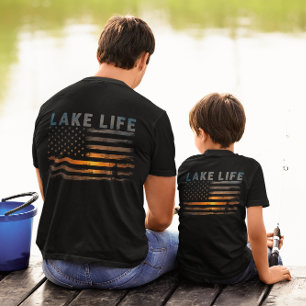 T-shirt Lake Life Fishman Sunset American Flag Bass Fish