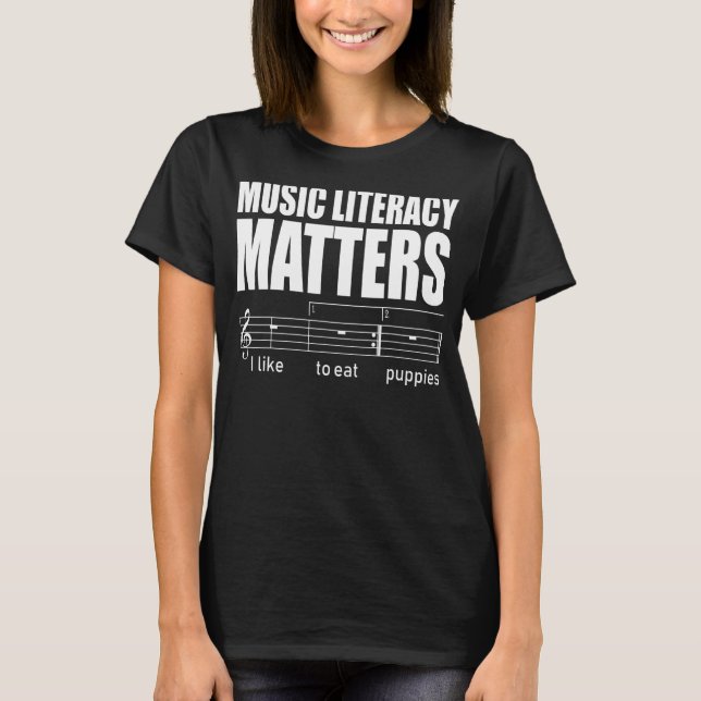 T-shirt L'alphabétisation musicale compte J'aime manger de (Devant)
