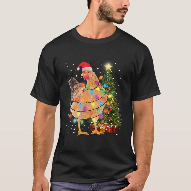 T-shirt Lampes de Noël de poulet moche arbre Santa Hat Hen (Devant)