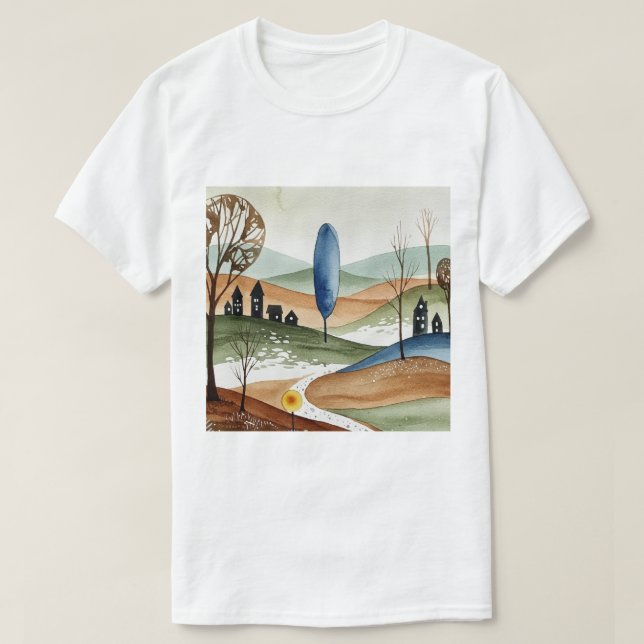 T-shirt landscape of hills with small houses (Design devant)