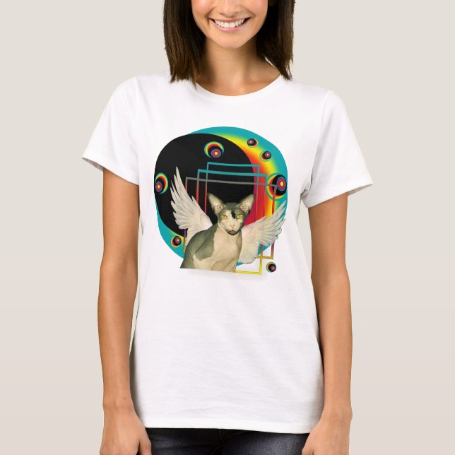 T-shirt L'ange de chat de Sphynx s'envole l'art de globe (Devant)