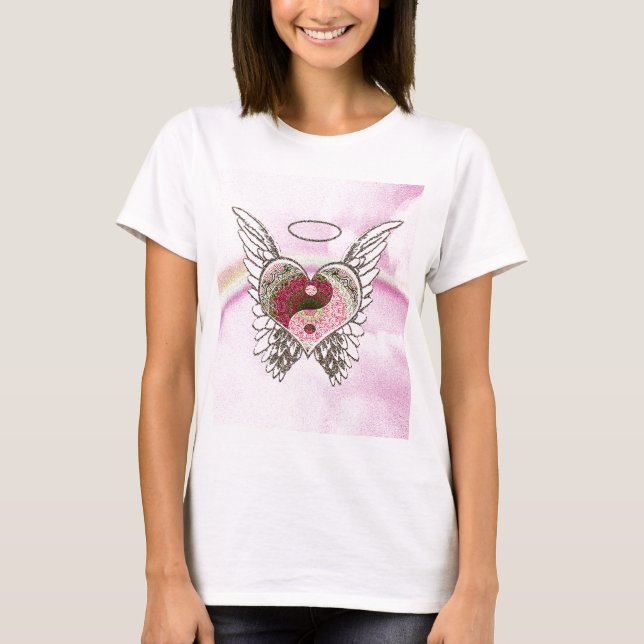 T-shirt L'ange de coeur de Yin Yang s'envole l'aquarelle (Devant)