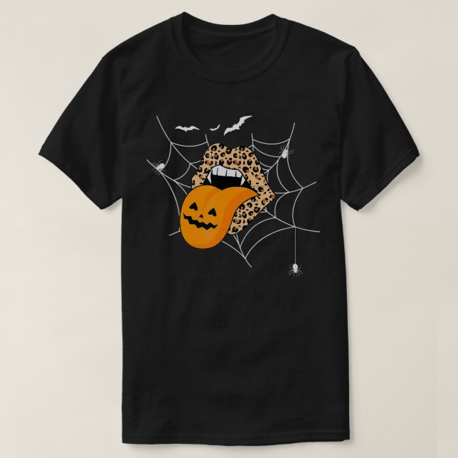 T-shirt Langue des lèvres d'Halloween Empreinte de léopard (Design devant)