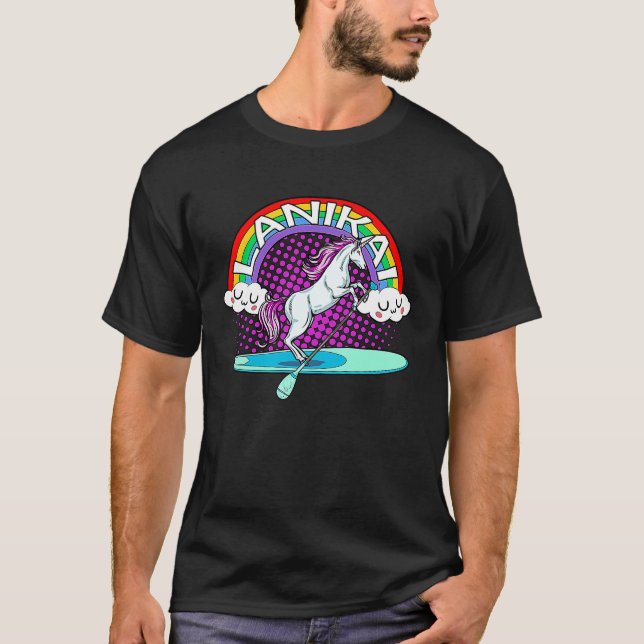T-shirt Lanikai Beach Hawaii Rainbow Unicorn Paddle Board  (Devant)