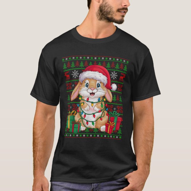 T-shirt Lapin Bunny Xmas Lumières Vilain Père Noël Chapeau (Devant)