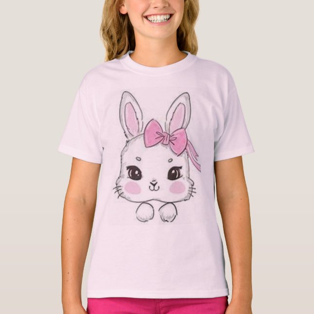 T-shirt lapin caricaturé et arc rose (Devant)