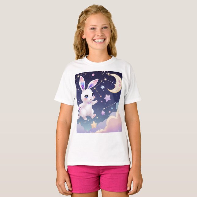 T-Shirt Lapin Céleste – Étoile Pastel Kawaii Hoppe (Devant entier)