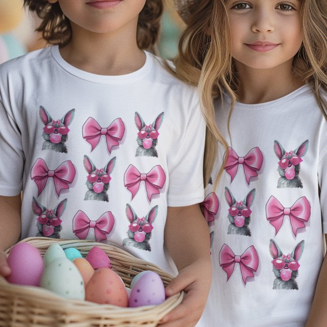 T-Shirt Lapin coquette avec lunettes de soleil Gomme et Bo (Coquette easter bunnies with pink bubble gum and bows. )