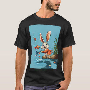 T-shirt lapin de dessin animé attrapant du poisson