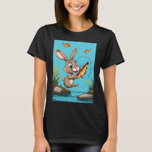 T-shirt lapin de dessin animé attrapant du poisson