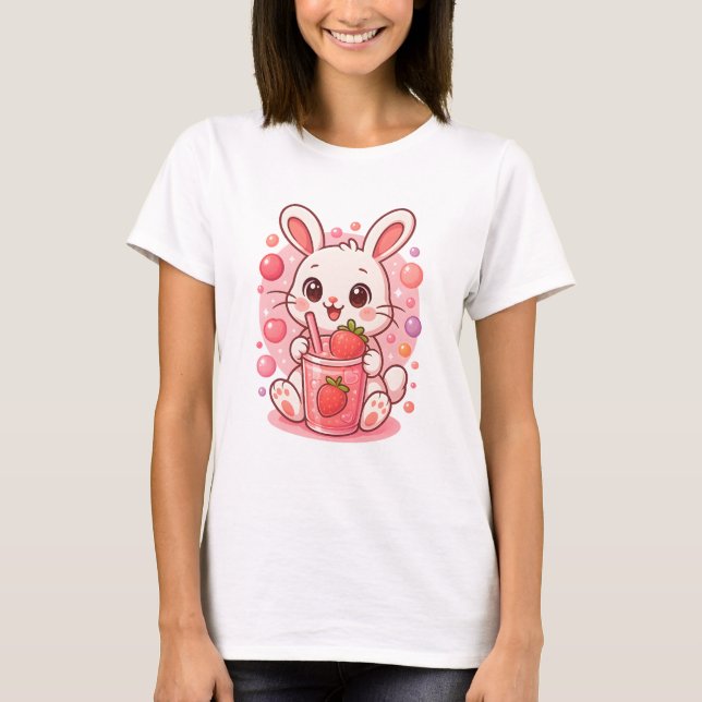 T-shirt Lapin de lait de fraise Kawaii - Joli lapin rose (Devant)