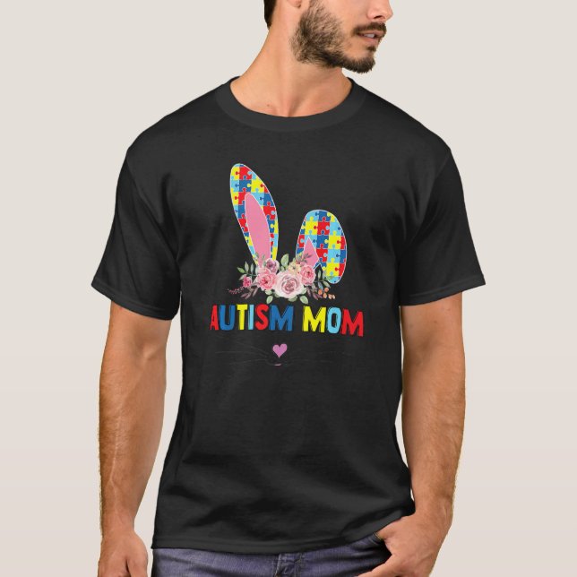 T-shirt Lapin de maman autiste avec des fleurs Joyeuses Pâ (Devant)