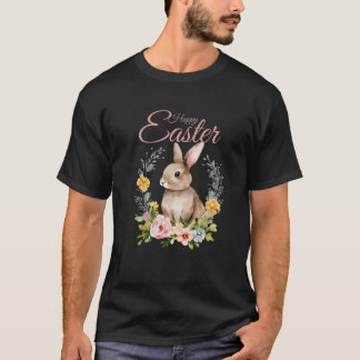 T-shirt Lapin de Pâques à l'aquarelle avec couronne floral