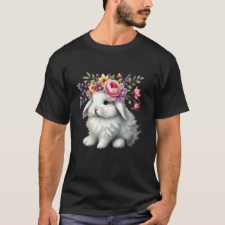 T-shirt Lapin de Pâques avec Couronne Fleurie Fleurs Jolie