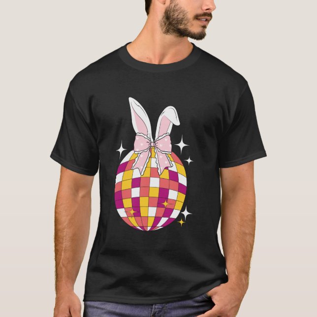 T-shirt Lapin de Pâques boule disco oreilles rose ruban Ré (Devant)