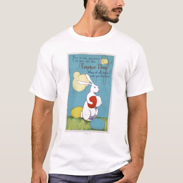 T-shirt Lapin de Pâques GreetingEaster tenant des oeufs (Devant)